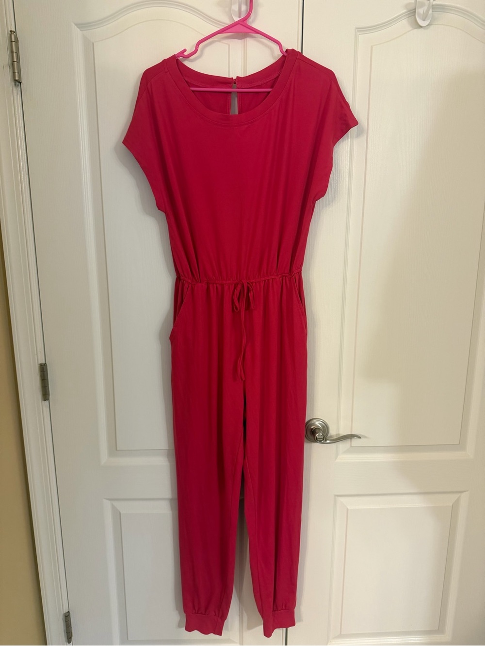 Women’s Short Sleeve Drawstring Jumpsuit in Bright Pink
